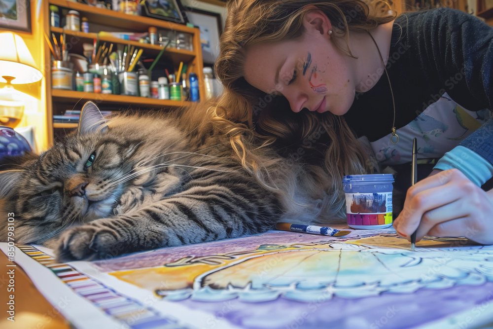 Fototapeta premium Young Artist Painting in Studio with Giant Cat Companion Gen AI