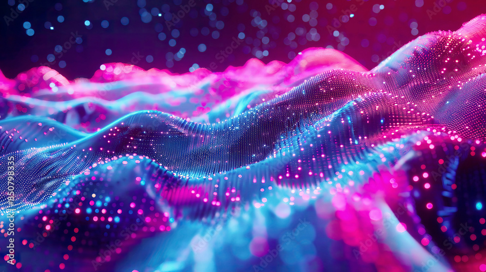 A high-resolution 3D illustration of an abstract digital landscape with flowing particles big data technology and sound wave visualization