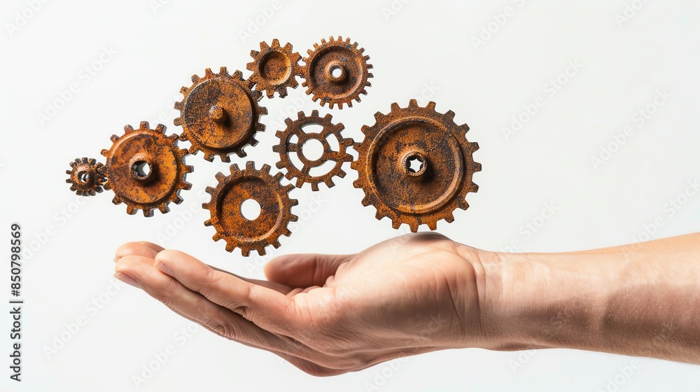 Outstretched hand with floating rusty gears above it on a white background Outstretched hand with floating rusty gears above it on a white background
