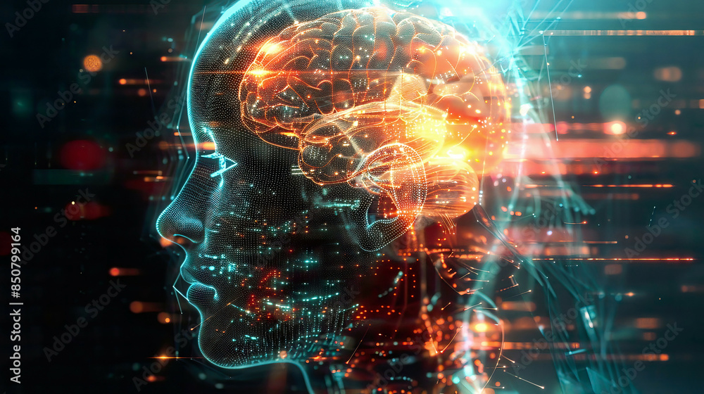 A high-resolution image of a human head with a glowing brain casing deep learning machine learning and artificial intelligence A high-resolution image of a human head with a glowing brain casing deep learning machine learning and artificial intelligence
