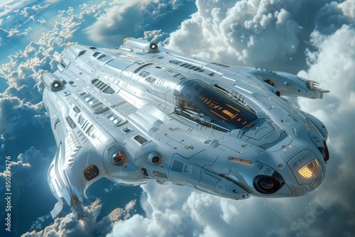 Futuristic Spaceship Soaring Through Clouds