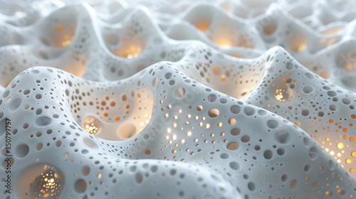 An abstract background with intricate lace pattern and glowing lights, macro shot of white coral texture.