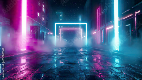 A hyper-realistic 3D technology abstract scene with neon lights