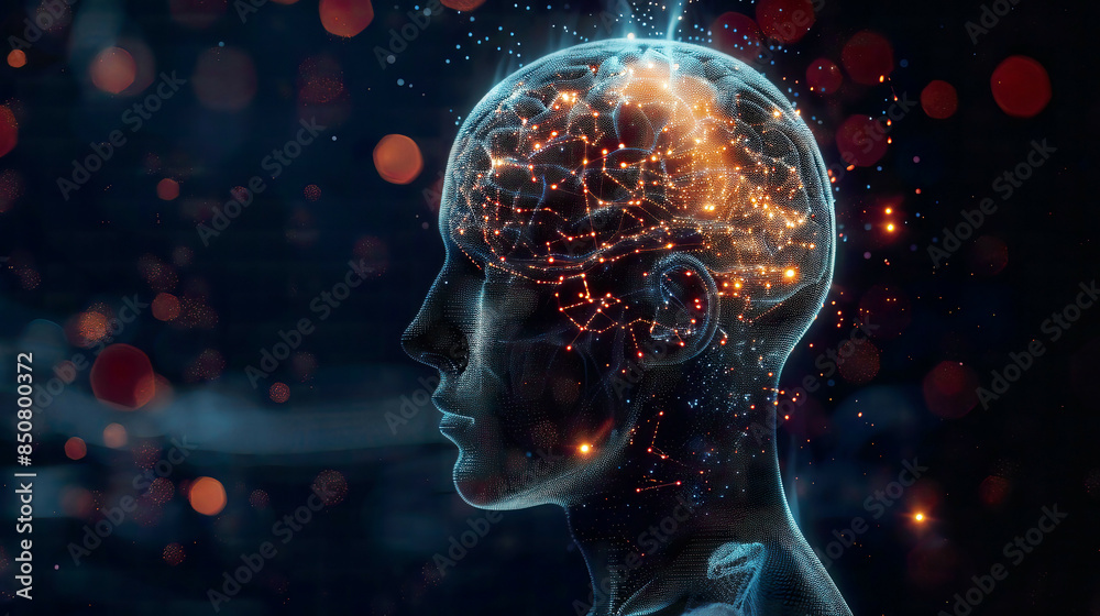 A hyper-realistic depiction of a human head with an illuminated brain casing deep learning machine learning and artificial intelligence (AI) technology A hyper-realistic depiction of a human head with an illuminated brain casing deep learning machine learning and artificial intelligence (AI) technology
