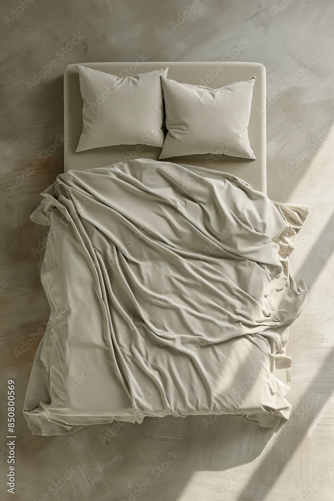 Bed with beige linen and pillows, organized and neatly arranged, view from above Bed with beige linen and pillows, organized and neatly arranged, view from above