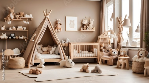 With toys, stuffed animals, and child accessories housed in a brown wooden mock-up poster frame, this stylish newborn baby bedroom is located in Scandinavia.