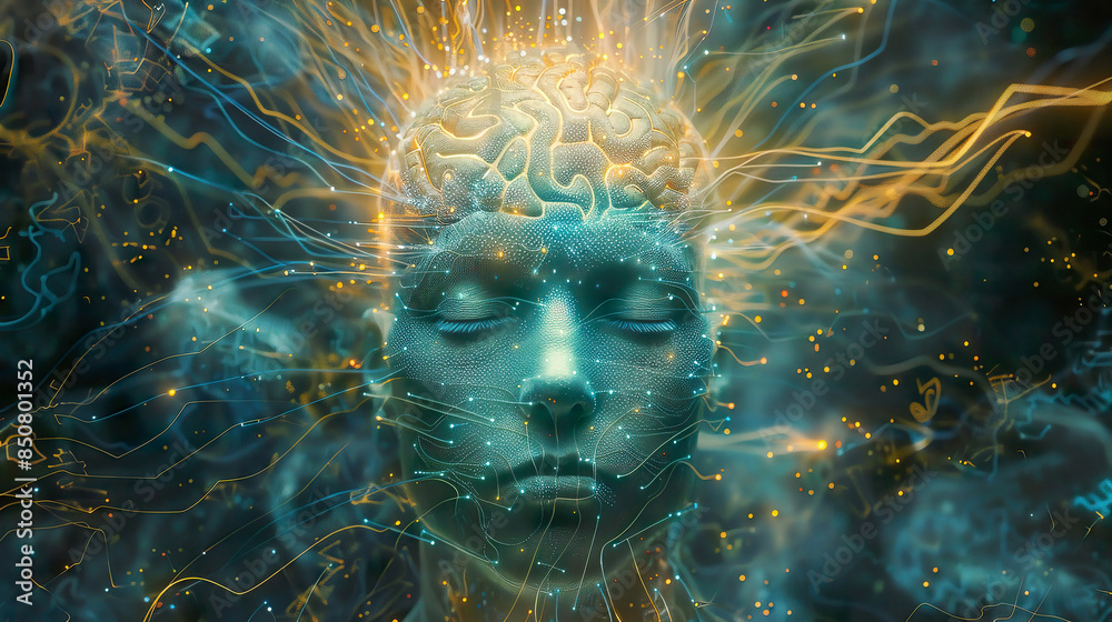 A photorealistic depiction of a human head with a luminous brain network consciousness and artificial intelligence A photorealistic depiction of a human head with a luminous brain network consciousness and artificial intelligence