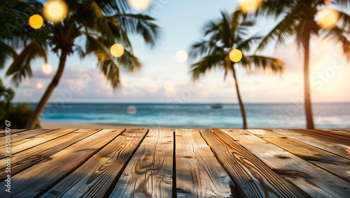 Fototapeta Naklejka Na Ścianę i Meble -  Foreground empty wooden table with a blurred background of a tropical beach in summer, complete with coconut palms. Spacious area on the table for summer product advertisements and presentations.
