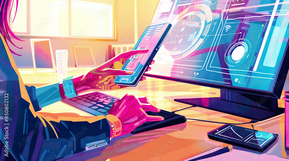 Obraz premium A vibrant illustration of a businesswoman's hand using a mobile phone and a modern computer