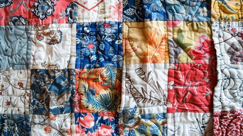 A whimsical patchwork quilt featuring a mix of prints and textures all sourced from repurposed clothing and linens.