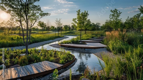 Urban park featuring a restored natural habitat with diverse plant species photo
