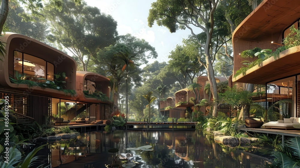 Sustainable residential area with homes built using ecofriendly materials Sustainable residential area with homes built using ecofriendly materials