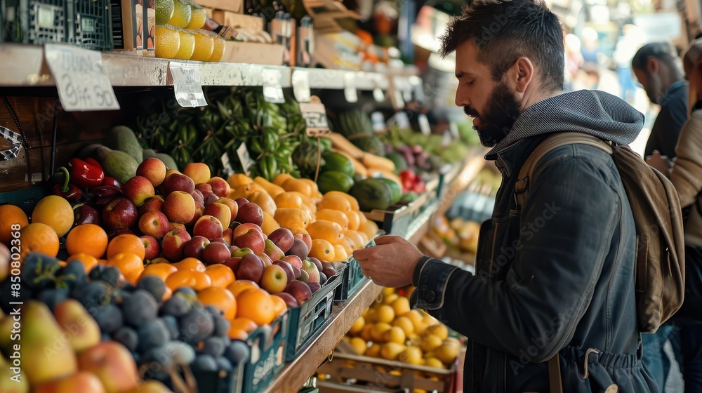 Market scene with shoppers using reusable bags Market scene with shoppers using reusable bags