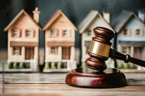 judge gavel and model houses on table, Real estate law concept