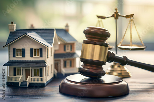 Judges Gavel and and residential house model on Table with scale justice in background