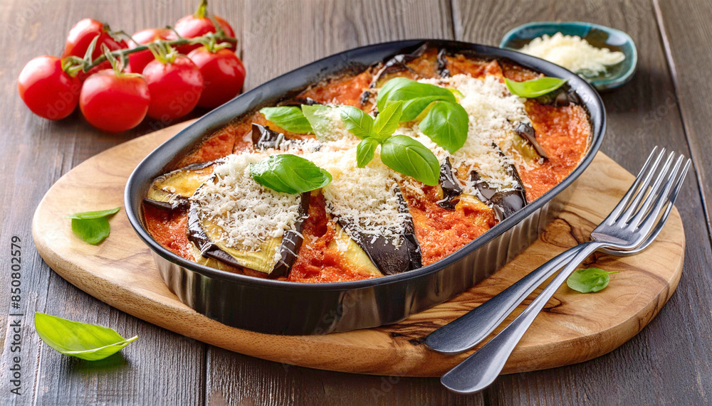 Eggplant parmigiana garnished with basil leaves and freshly grated parmesan cheese. Eggplant parmigiana garnished with basil leaves and freshly grated parmesan cheese.