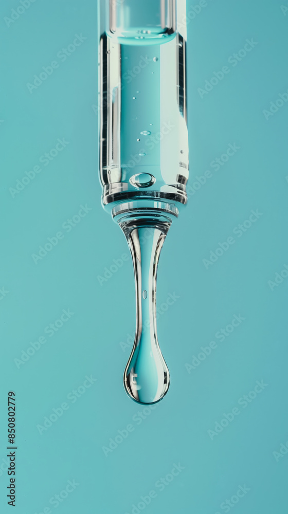 A detailed close-up of a dropper releasing a single drop of liquid against a turquoise background, showcasing precision and clarity.
