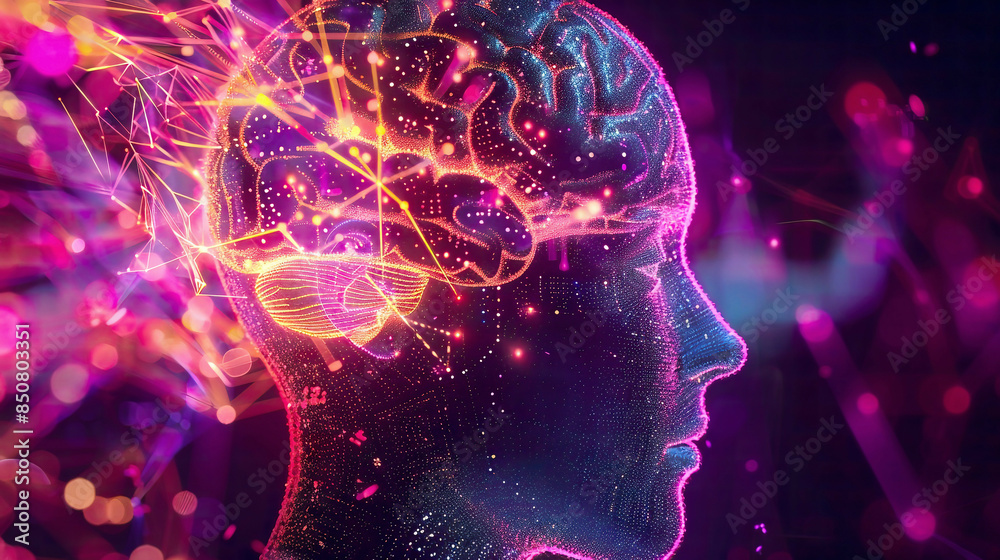 An artistic illustration of a human head with an illuminated brain representing deep learning machine learning and artificial intelligence An artistic illustration of a human head with an illuminated brain representing deep learning machine learning and artificial intelligence