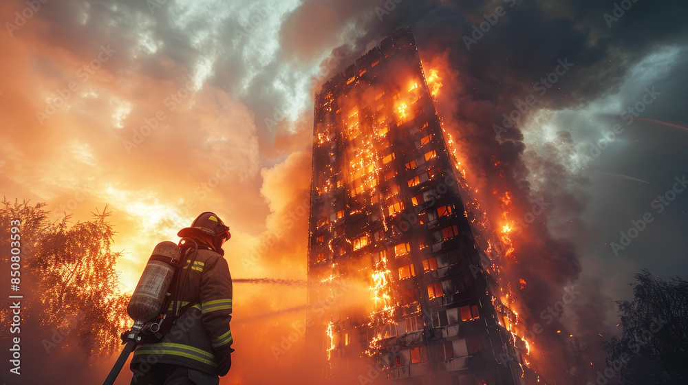 Firefighters extinguish a burning high-rise building, an apartment building. Firefighters extinguish a burning high-rise building, an apartment building.