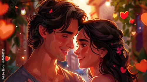 Young couple sharing a sweet kiss in a colorful cartoon illustration