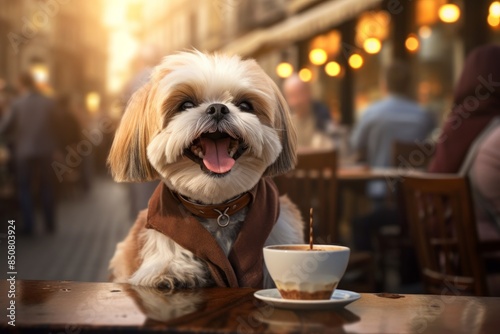 Portrait of a smiling shih tzu while standing against bustling city cafe photo