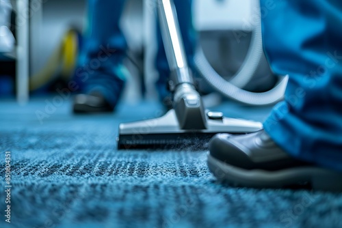 Closeup image of a worker using an industrial vacuum cleaner on a carpet