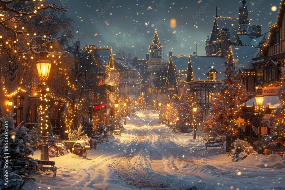 Obraz premium Snowy Town Square on New Years Eve