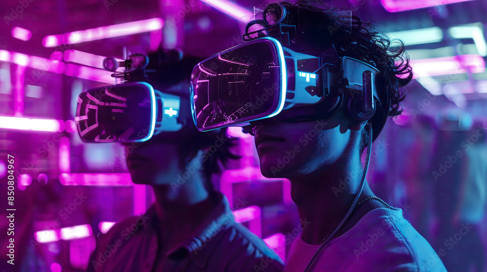 An immersive depiction of a man and a woman wearing virtual reality glasses the concepts of modern and future technologies An immersive depiction of a man and a woman wearing virtual reality glasses the concepts of modern and future technologies