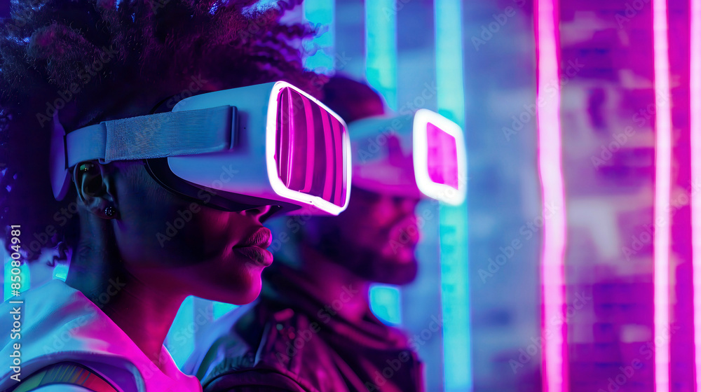 An immersive depiction of a man and a woman wearing virtual reality glasses the concepts of modern and future technologies An immersive depiction of a man and a woman wearing virtual reality glasses the concepts of modern and future technologies