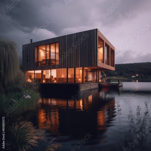 Modern Lakeside House at Dusk © evening_tao