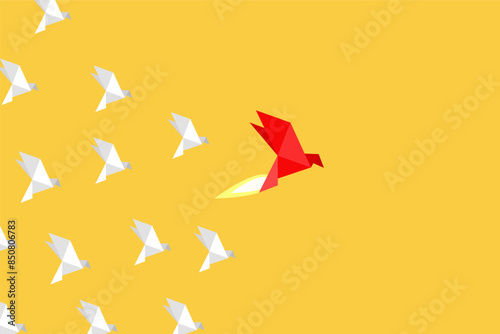 Leadership success concept red origami paper bird. Think differently, new idea, change, trend, courage, creative solution, innovation