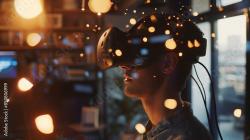 In a cozy room, a man is deeply immersed in virtual reality, surrounded by soft, sparkling lights that enhance the experience.