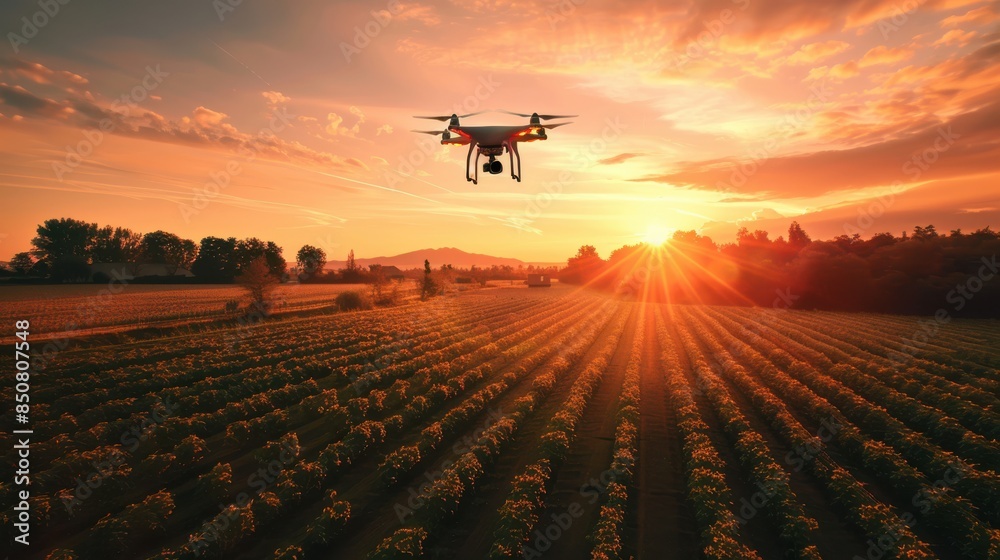 A drone hovers above a vast farmland at sunset, capturing the serene landscape and golden hues of the setting sun.
