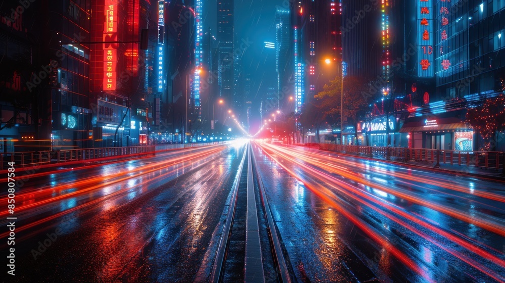 Obraz premium Neon Cityscape with Blurry Light Trails