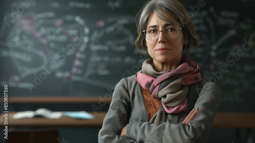 A thoughtful woman with glasses and a soft scarf stands in front of a chalkboard, arms crossed, radiating wisdom and readiness to impart knowledge.