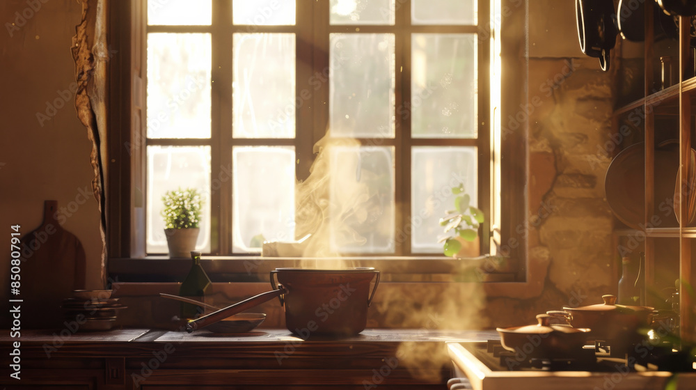 Steam rises from a cooking pot in a sunlit kitchen, bathing the scene in a warm, inviting glow, with light streaming through the window, highlighting a rustic ambiance. Steam rises from a cooking pot in a sunlit kitchen, bathing the scene in a warm, inviting glow, with light streaming through the window, highlighting a rustic ambiance.