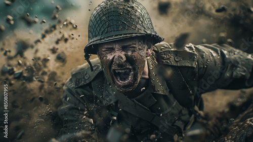 A soldier covered in mud roars fiercely, epitomizing the grit and ferocity of combat in a chaotic battlefield. photo