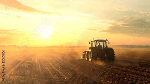 A tractor plows through a dusty field as the golden sun sets, casting warm, serene light across the landscape.
