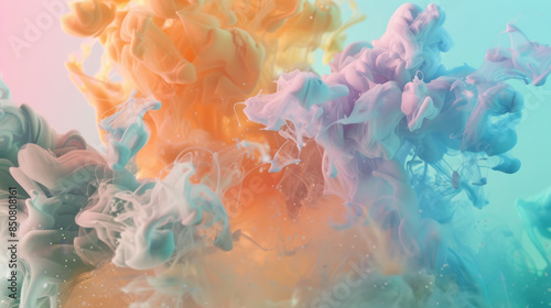 Pastel-colored clouds of ink swirl and float in water, forming a dreamy, ethereal scene with hints of orange, violet, and teal hues.
