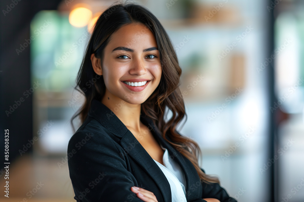 Confident Young Businesswoman Smiling in Modern Office Environment Confident Young Businesswoman Smiling in Modern Office Environment