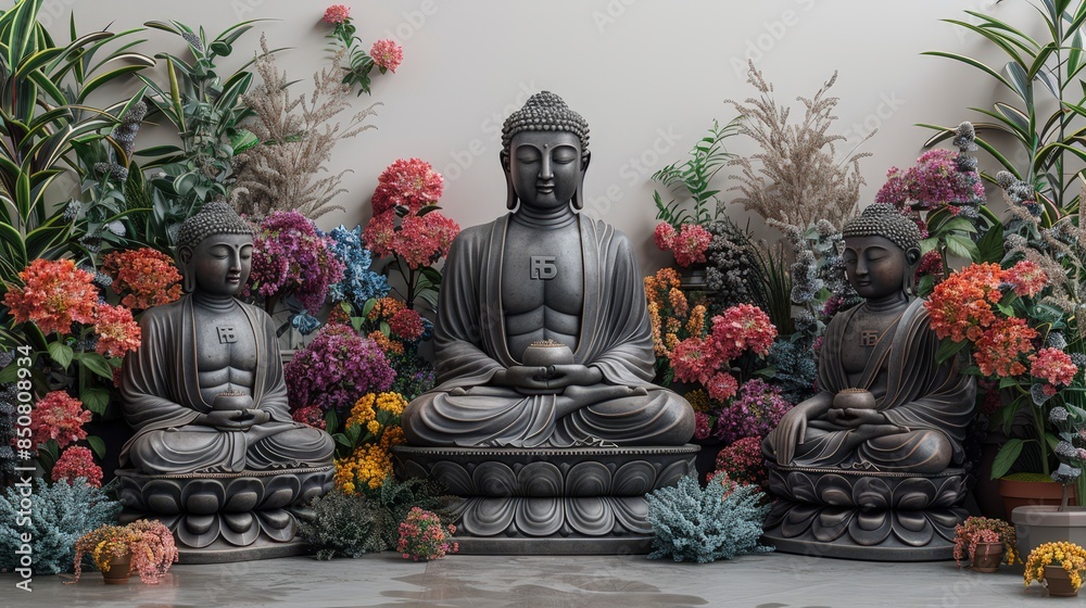 Three Buddha Statues Surrounded by Flowers. Three Buddha Statues Surrounded by Flowers.