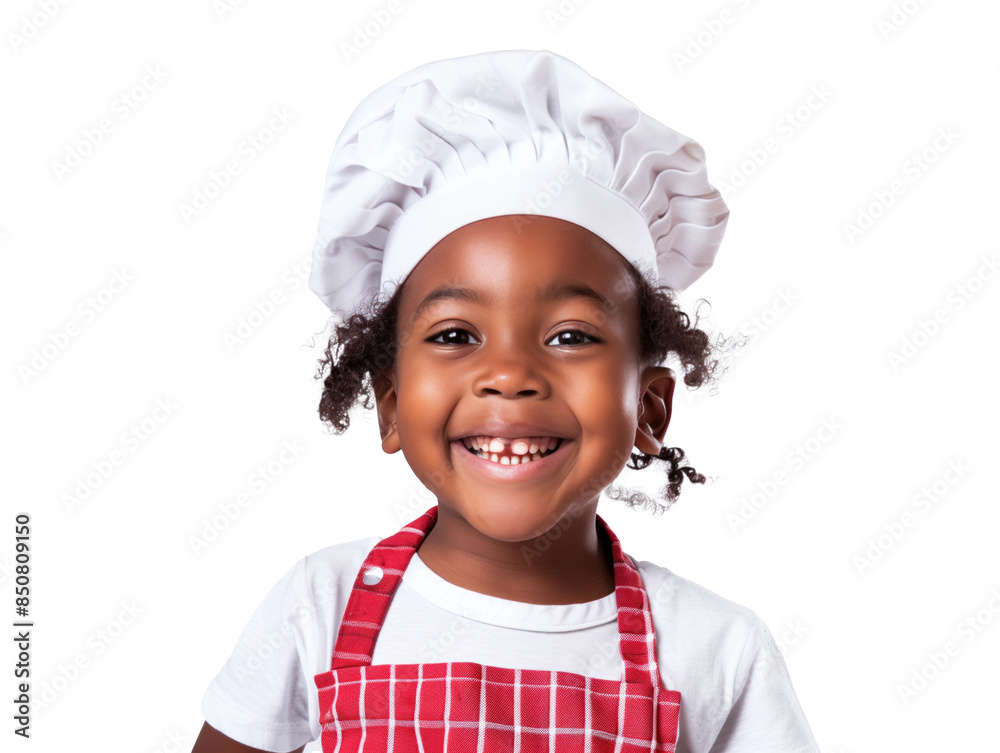 Happy African American child with a smile in kitchen wearing chef hat and apron Happy African American child with a smile in kitchen wearing chef hat and apron