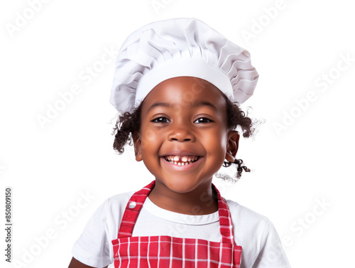 Happy African American child with a smile in kitchen wearing chef hat and apron