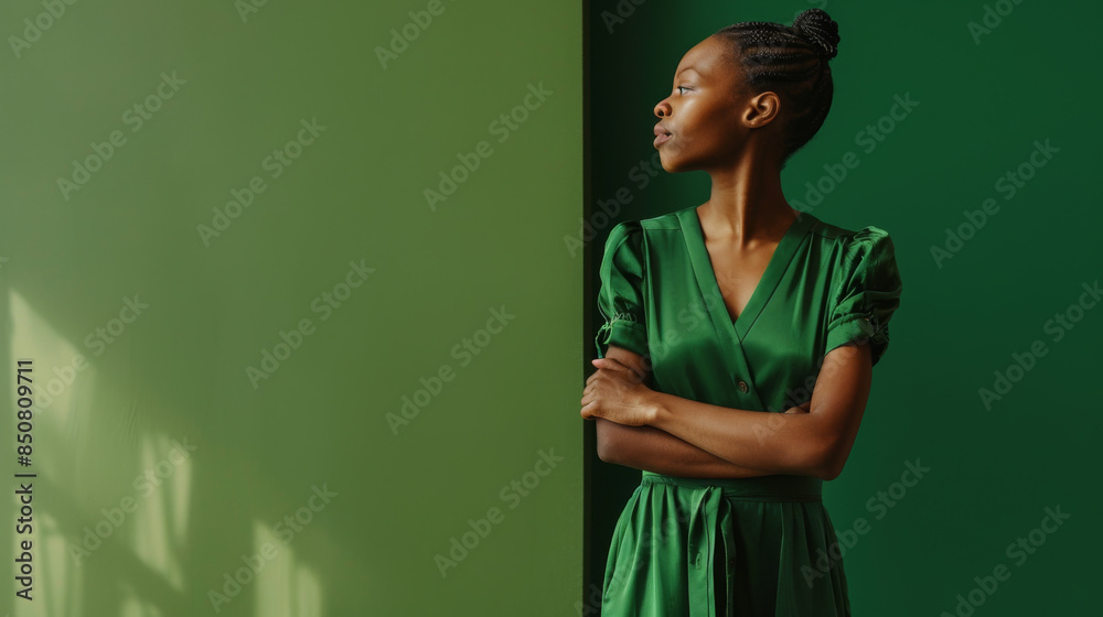 A contemplative woman stands in a green dress against a gradient green background, exuding elegance and introspection. A contemplative woman stands in a green dress against a gradient green background, exuding elegance and introspection.