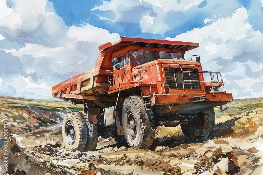 Obraz premium Illustration of a large orange dump truck working in a mine under a dynamic sky