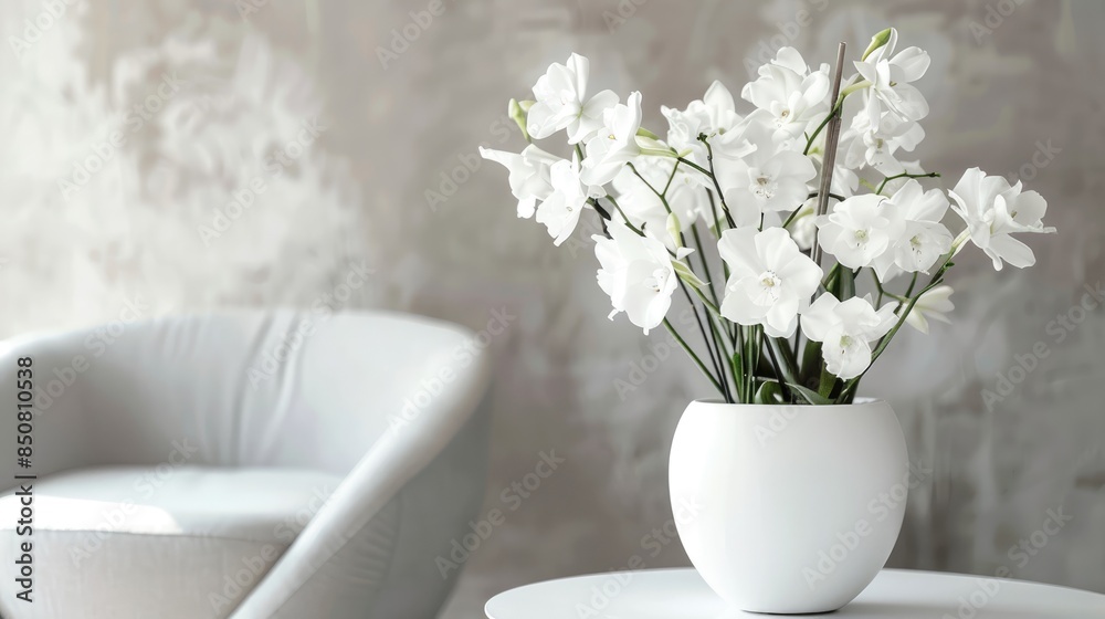 Elegant white flowers arranged in a modern white pot, ideal for a minimalist and chic design. Elegant white flowers arranged in a modern white pot, ideal for a minimalist and chic design.