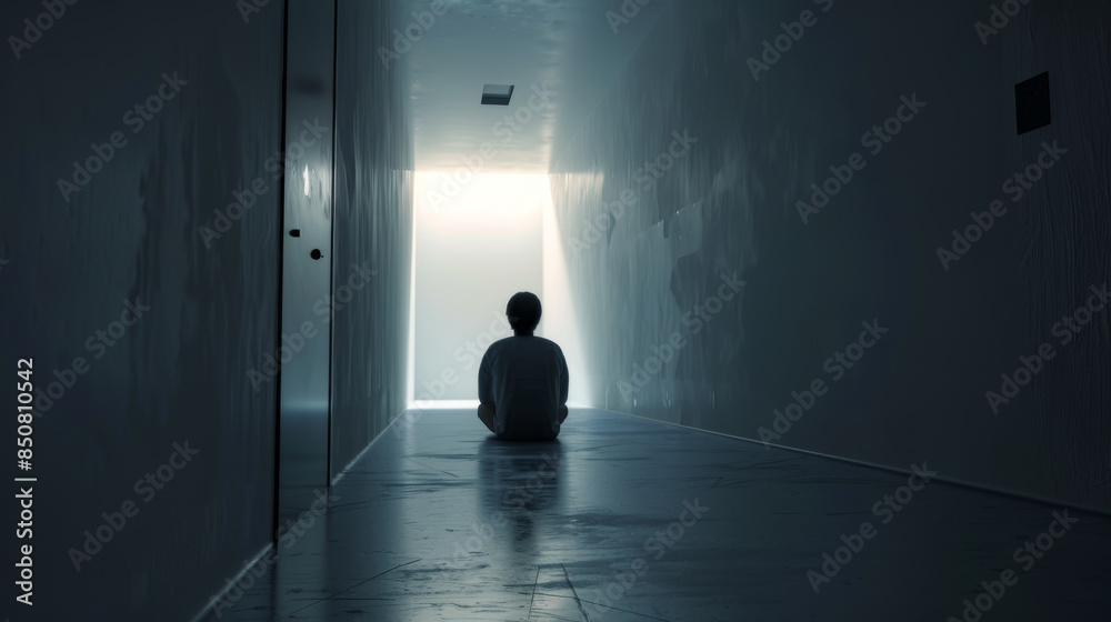 A lone figure sits at the end of a long, dim corridor, where light floods in from an open door, symbolizing hope and introspection. A lone figure sits at the end of a long, dim corridor, where light floods in from an open door, symbolizing hope and introspection.