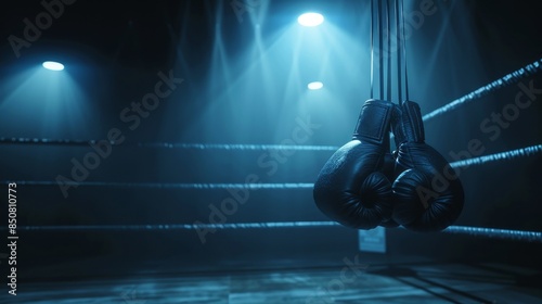 Empty boxing ring with hanging gloves under dramatic blue lighting, creating a moody and intense scene in a dark gym environment.