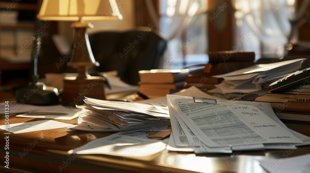 A cluttered desk filled with papers, books, and a lit lamp in a cozy, sunlit room. A cluttered desk filled with papers, books, and a lit lamp in a cozy, sunlit room.