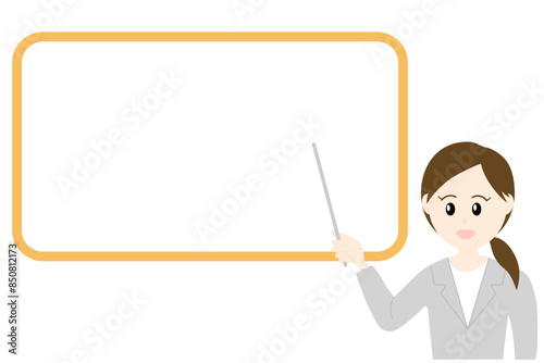 ホワイトボードを使って説明するスーツ姿の女性のイラスト
